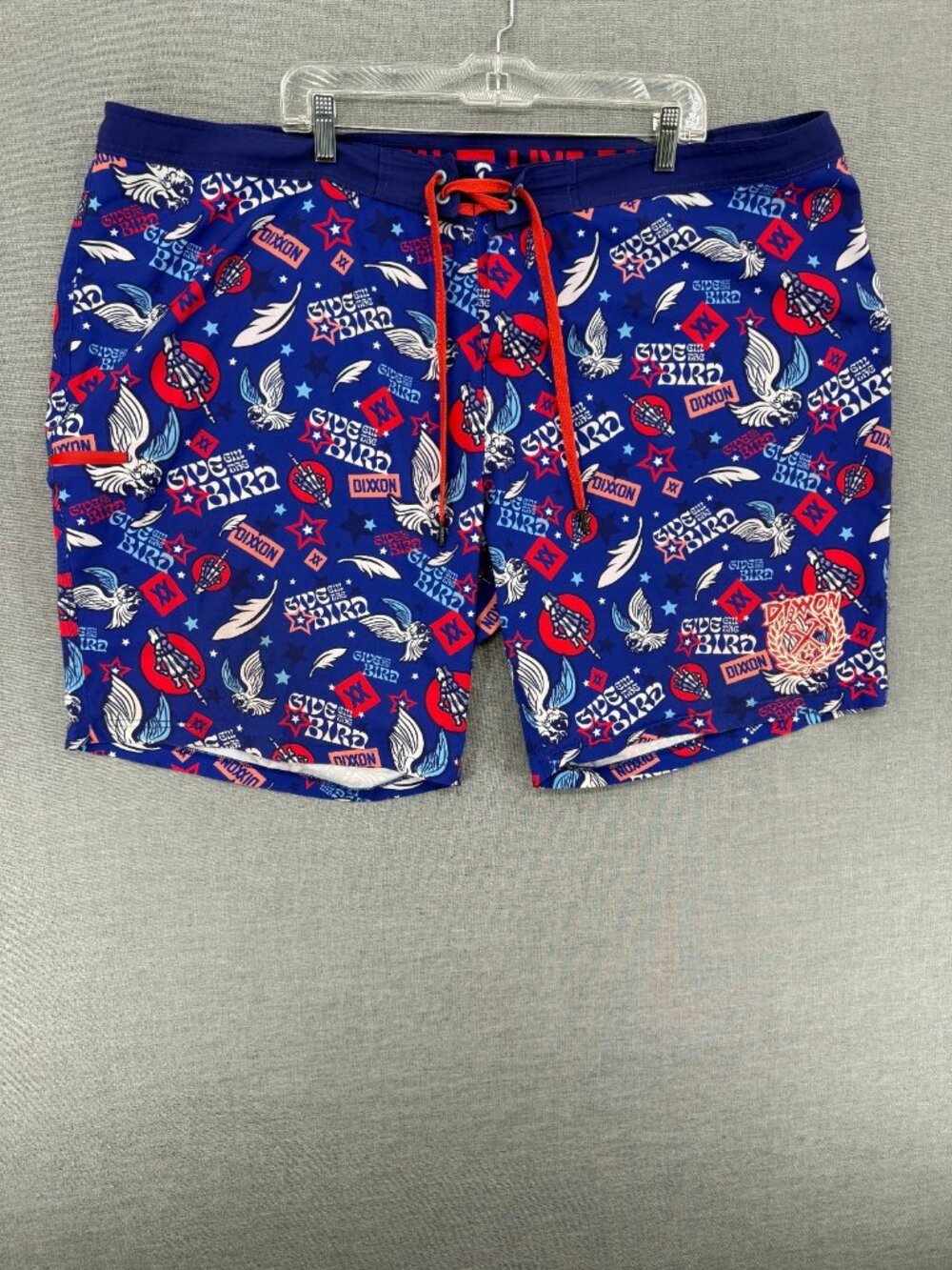 Dixxon Give Em The Bird Board Shorts Mens 48 7" Swim Trunks Party AOP Drawstring